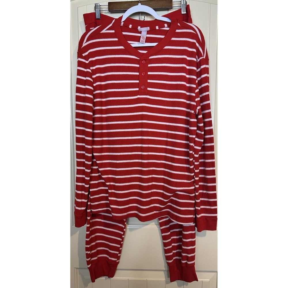Wondershop‎ Men's L Christmas waffle Knit 2 PC pajama PJ set Henley holiday